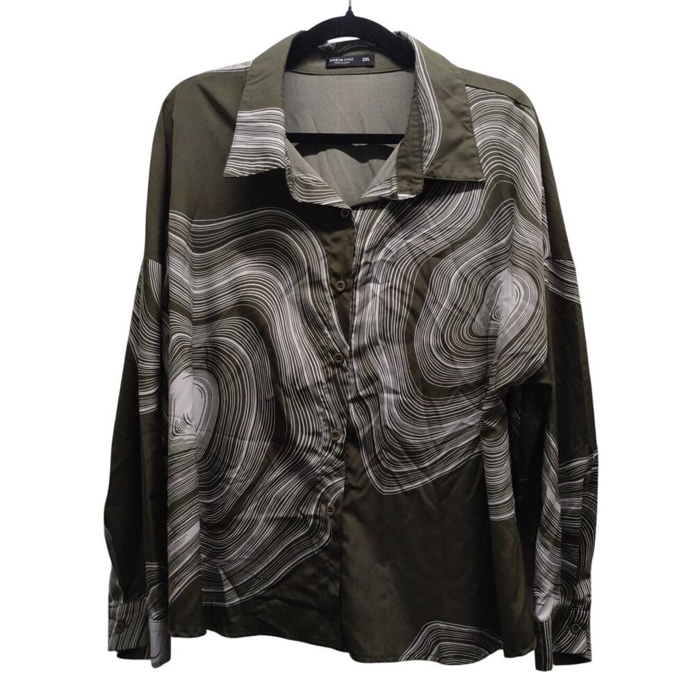 Green White Abstract Swirl Size 2XL Long Sleeve Button-Up Shirt SHEIN Curve
